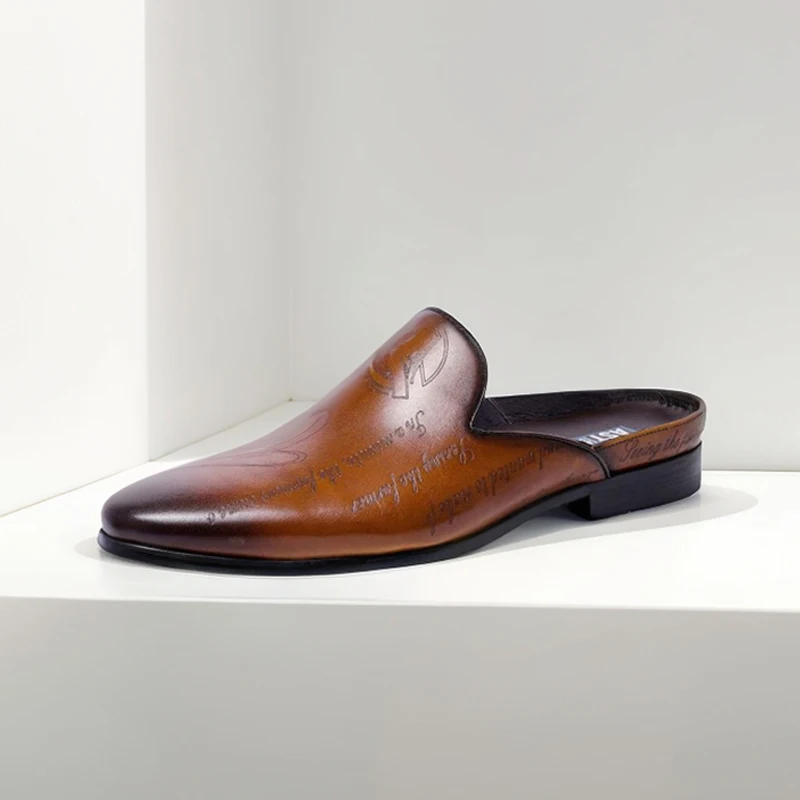 

Men's Cow Leather Dress Slippers Slip-On round Toe Formal Business Casual Shoes Daily Comfort Footwear