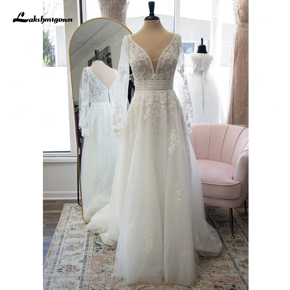 

Boho Lace Long Sleeve Bridal Wedding Gown with V Neck Appliques Wedding Dress for Women vestido de fiesta de boda
