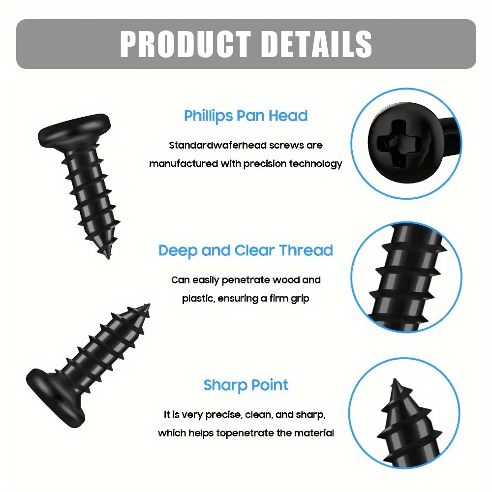 800-Piece Black M2 High-Strength Self-Tapping Screws, 7 Sizes: 4mm, 5mm, 6mm, 8mm, 10mm, 12mm, 16mm