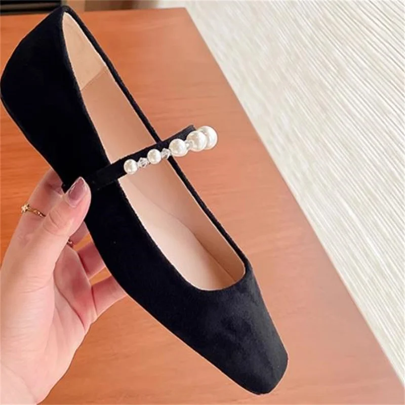 

Pearls Chain Shoes for Women Square Toes Velvet Female Ballets Shallow Chassure Femme String Beading Sewing Lines Zapatos Mujer