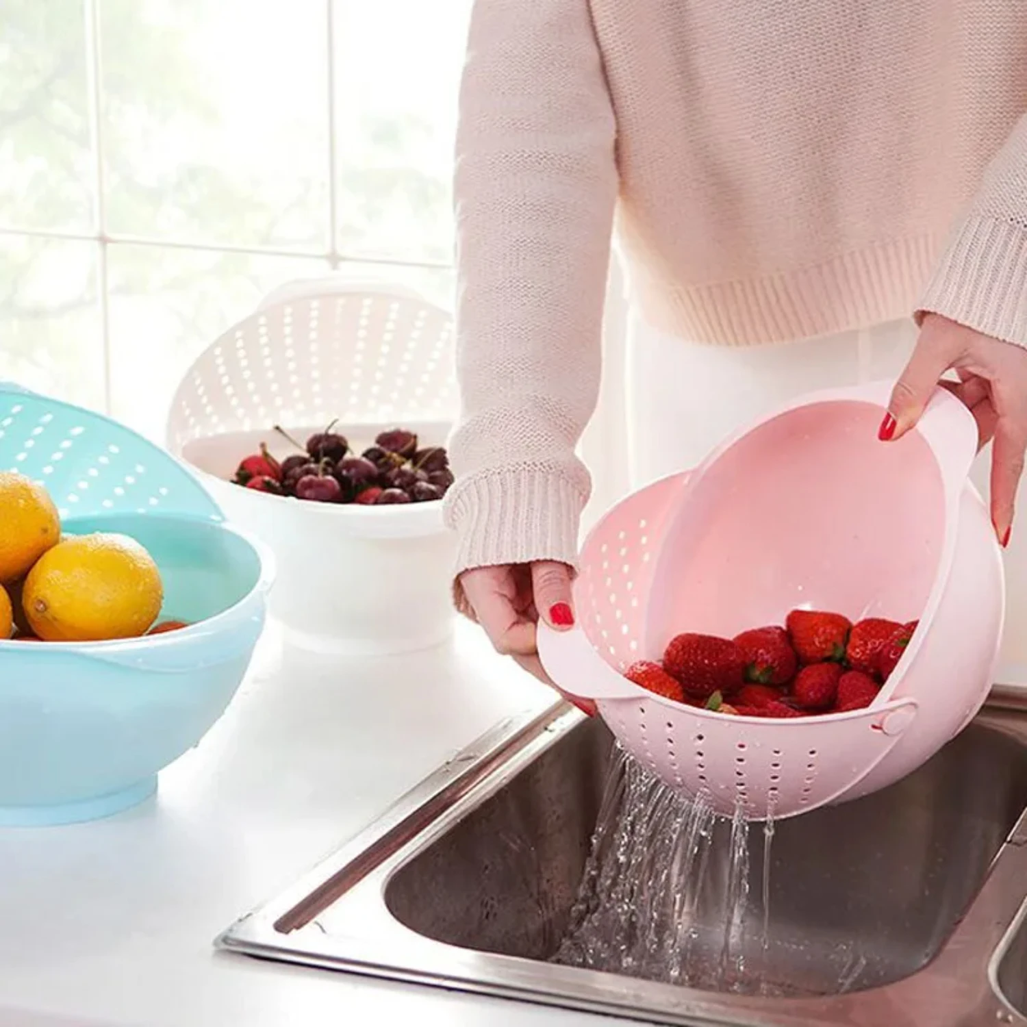 Kitchen Rotatable Three-In-One Storage Basket Portable Storage Fruit Basket Drain Basket Plastic Removable Organizer