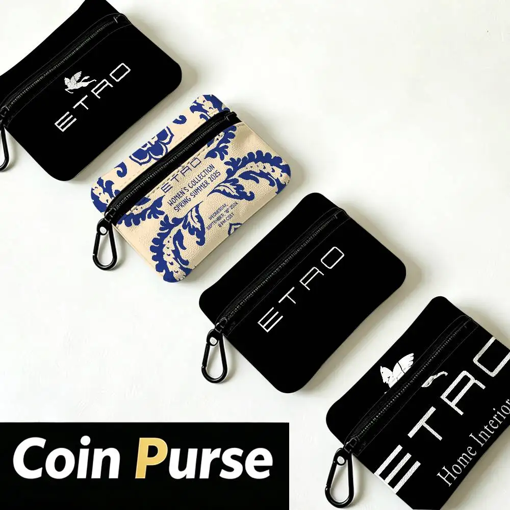 E-Etro Luxe-Elegant Mini Oxford Cloth Coin Purse With Carabiner Hook Portable Key Card Wallet Small Zipper Storage Pouch