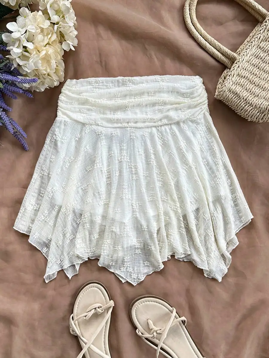 

White A-Line High Waist Knit Skirt With Asymmetrical Hem For Summer, Vacation, Graduation And Wedding Events
