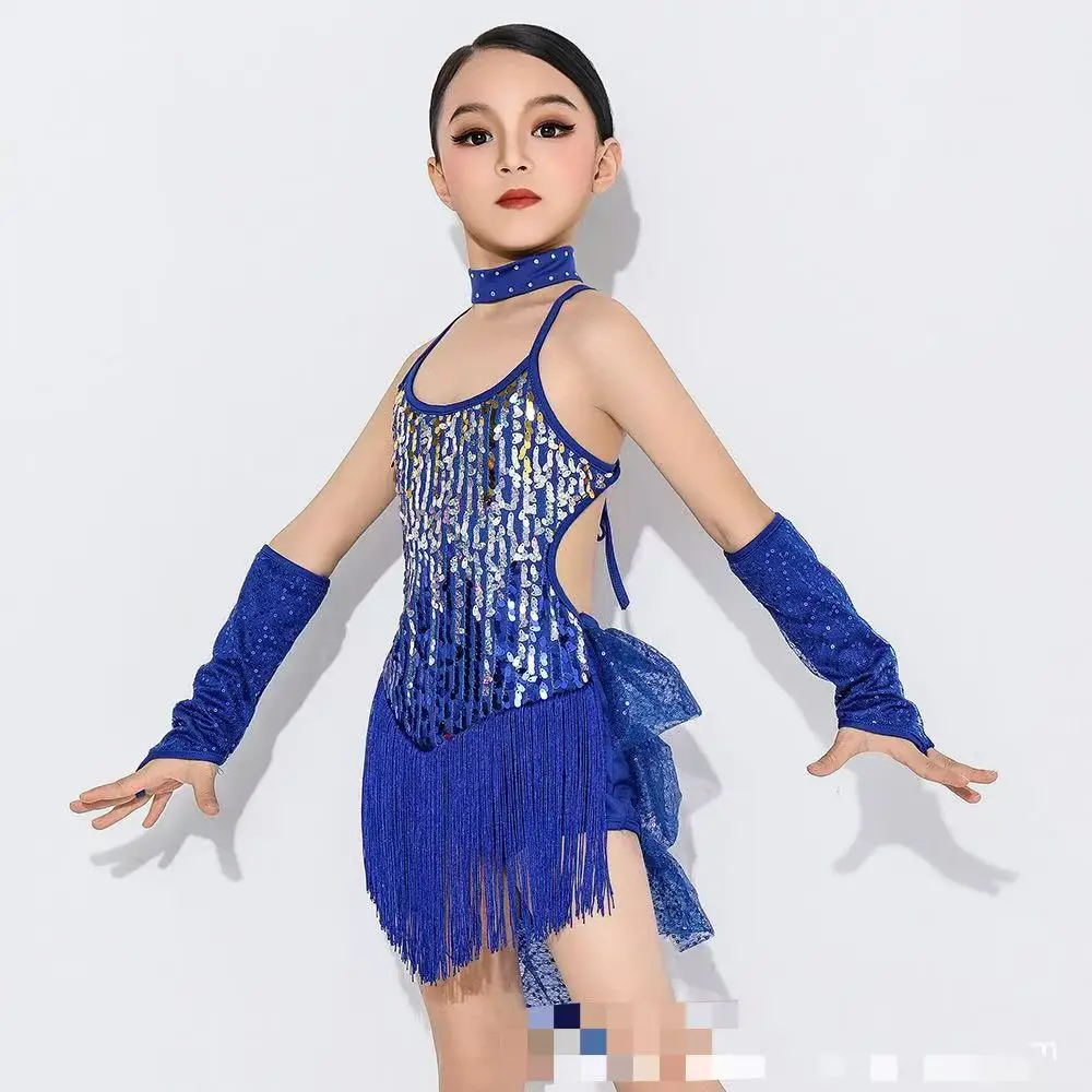 Costumes pour filles, vêtements pour enfants, robes de concours de salle de bal, justaucorps à la mode, paillettes, pompon, robe de danse latine Salsa