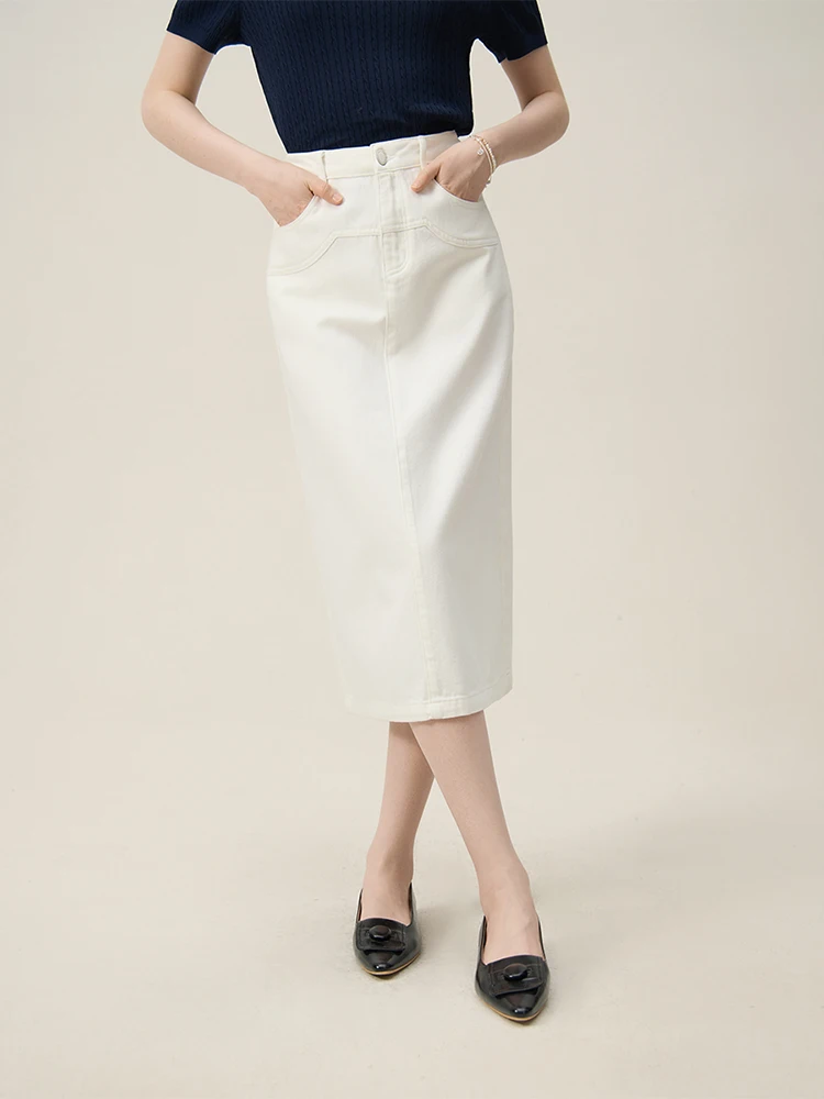 FSLE 【2 Colors】Simple All-Match A-LINE Denim Skirts Back Slit Design 2024 Spring White Long Denim Skirt 24FS12181