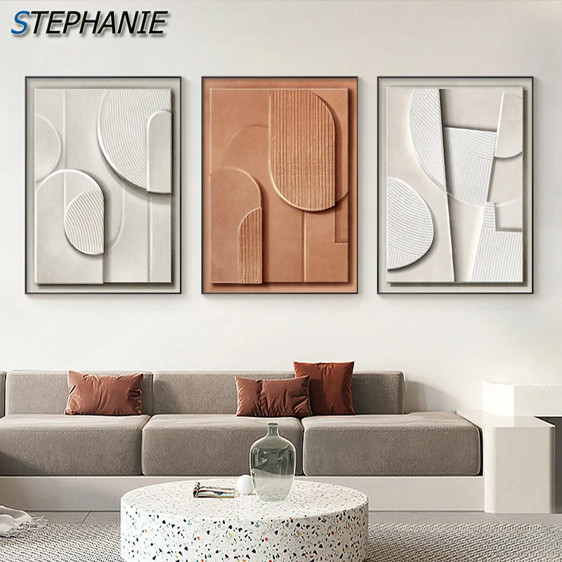 

Nordic 3D Effect Geometric Poster Abstract Brown White Canvas Painting Modern Minimalist Wall Art Pictures For Living Room Decor