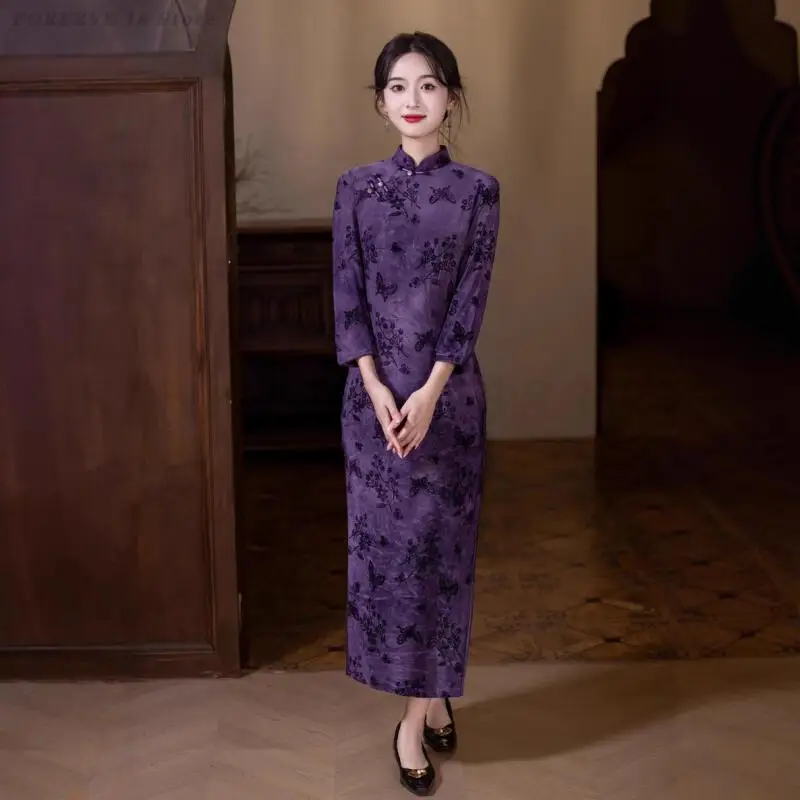 حجم كبير 4XL شيونغسام خمر زهرة مطبوعة الصينية التقليدية فستان الخريف الشتاء جديد تشيباو الشرقية مساء ثوب الحزب