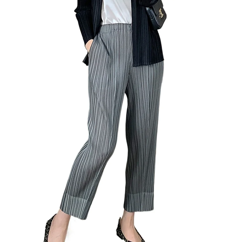 

Miyake Pleated Straight Leg Pants, Women's Elastic Waist Cropped Pants, Casual and Versatile Small Leg Pants
