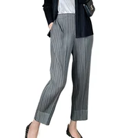 Miyake Pleated Straight Leg Pants, Women's Elastic Waist Cropped Pants, Casual and Versatile Small Leg Pants - Image 6