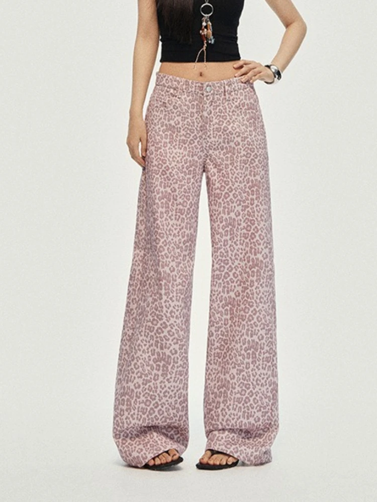 

Women's American Retro Stitching Leopard Print Jeans Streetwear Hip-hop Loose Straight Trousers 2026 New Y2K Wide Leg Denim Pant