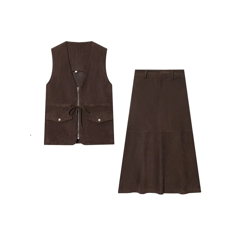 เสื้อกั๊กแฟชั่นผู้หญิงผ้าหนังกลับคอวีแขนกุดสำหรับฤดูใบไม้ร่วง พร้อมกระโปรงทรงเอวสูงความยาวปานกลาง