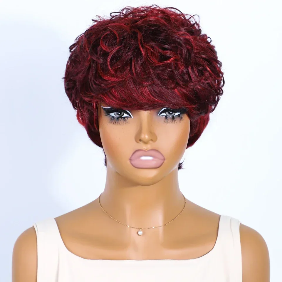 

Короткие кудрявые парики пикси с челкой для женщин, плотность 180% # Красный светло-коричневый парик из натуральных волос машинной вязки, пушистый, кудрявый