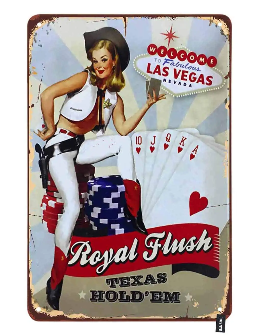 HOSNYE Pin Up Girls Tin Sign Welcome to Las Vegas Nevada Playing Cards Vintage Metal Tin Signs for Men Women Wall Art Decor sign