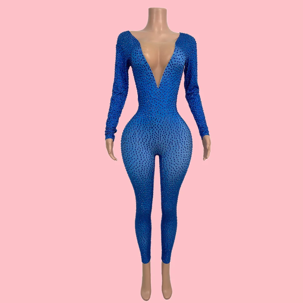 Sexy Deep V Neck Long Sleeves Blue Crystal Jumpsuits Women Night Club Bodycon Rompers Dancer Playsuit Show Performance Outfit