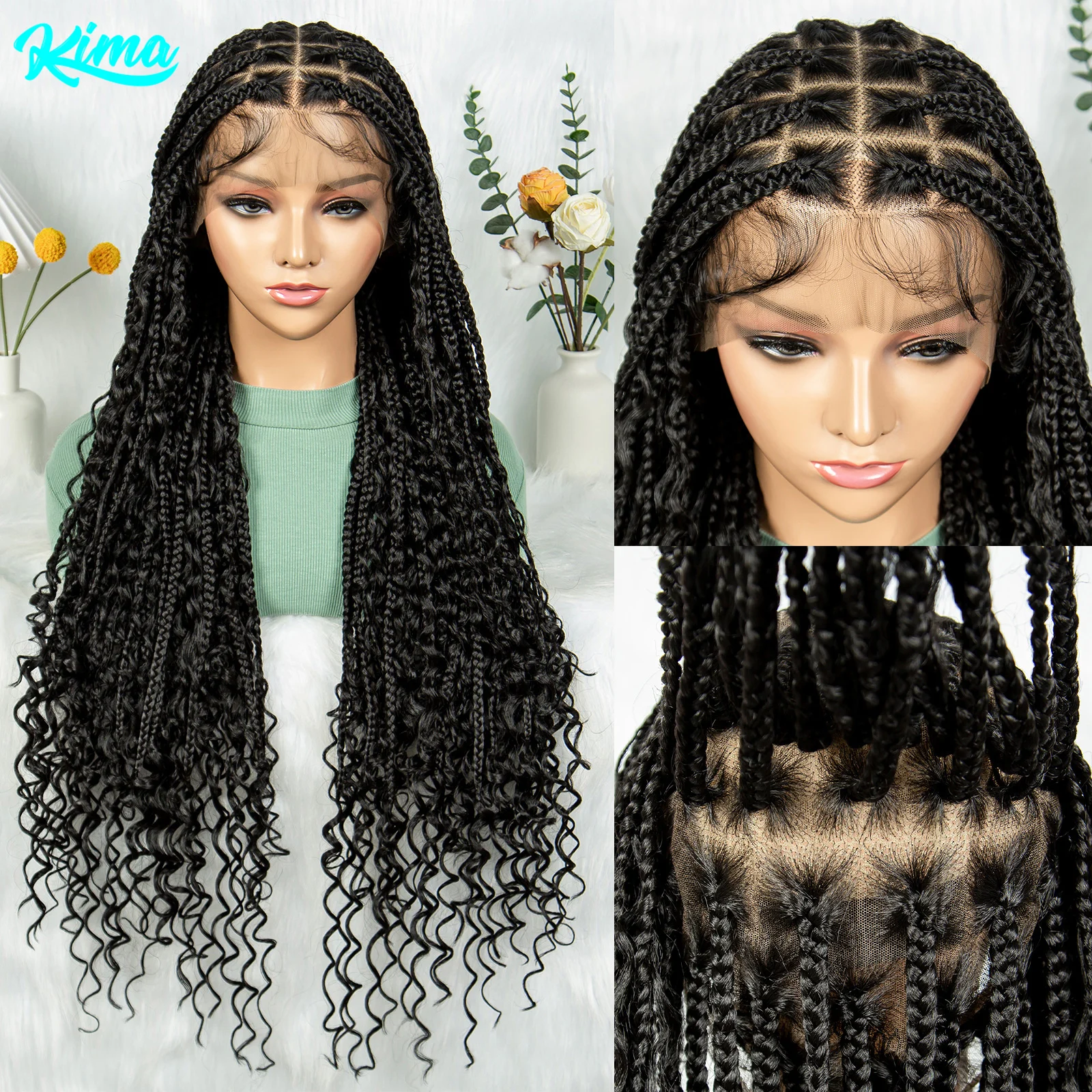 KIMA Braided Wigs Transparent Full Lace Goddess Braids Wigs 34 inch Burgundy Boho Knotless Braids With Baby Hair for Black Women