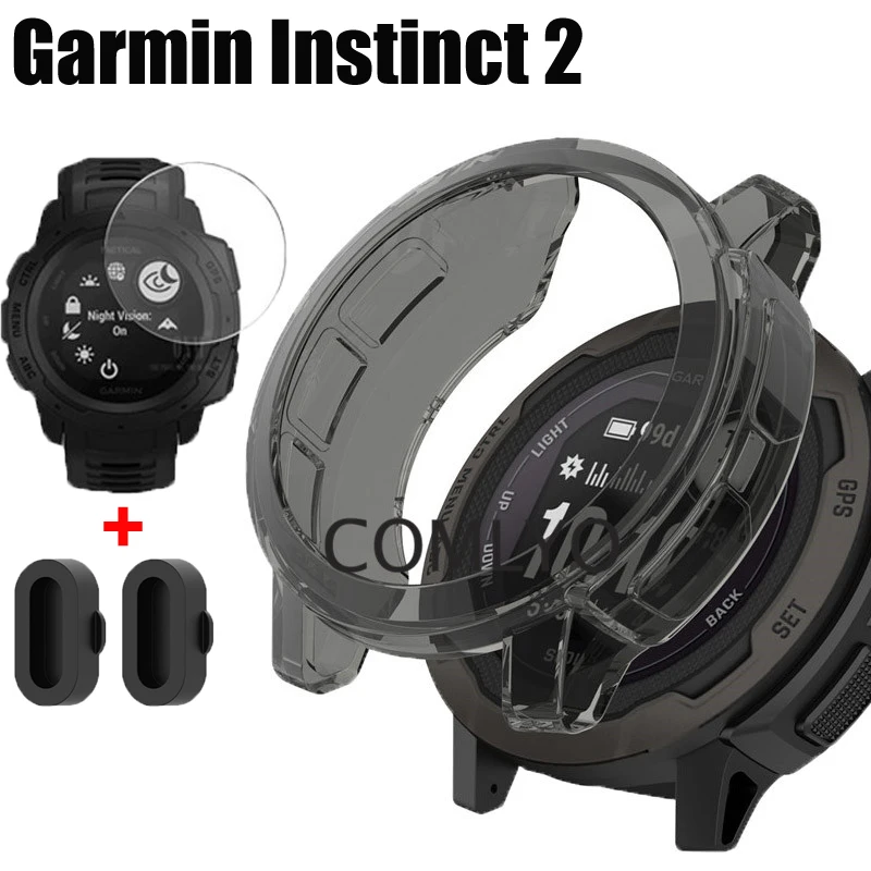 For Garmin Instinct 2 Case Protective Bumper Smart watch TPU Cover Instinct2 Solar Tactical Sports film Charging port dust plug