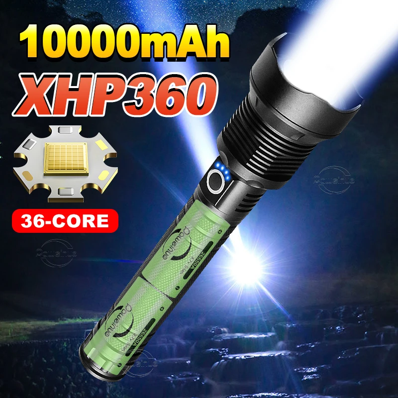 10000mAh 강력한 XHP360 USB 충전 손전등 18650 26650 LED 손전등 줌 토치 IPX65 전술 랜턴 캠핑 핸드 램프