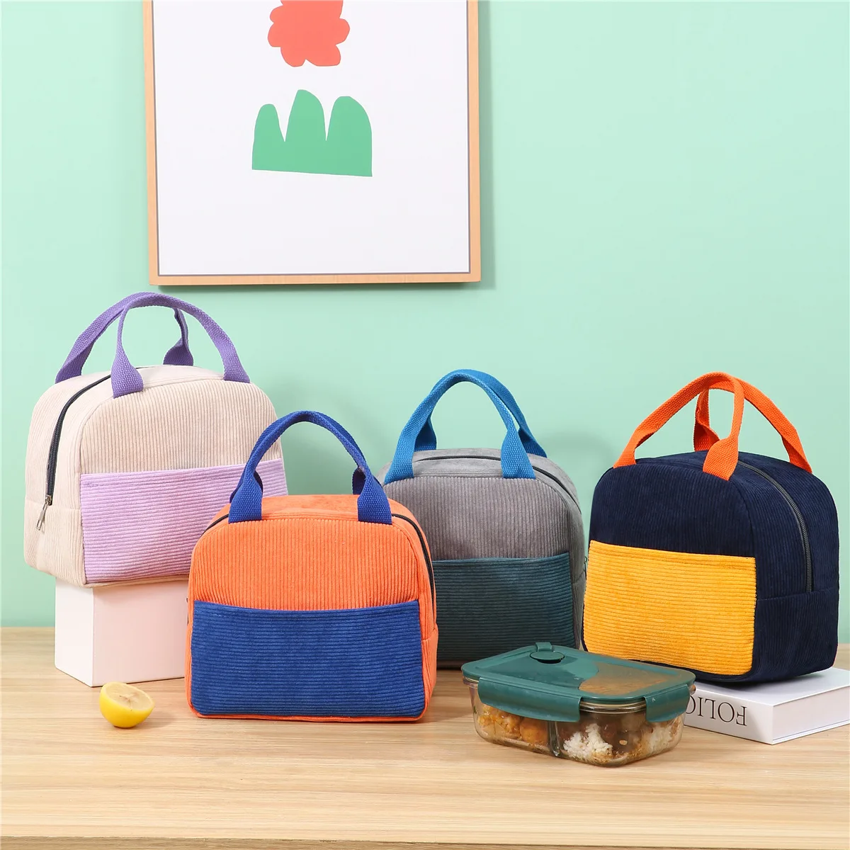 ISKYBOB Corduroy Lunch Bag Thermal Insulation Thickened Waterproof Color Blocked Ice Insulated Portable Picnic Food Lunch Box