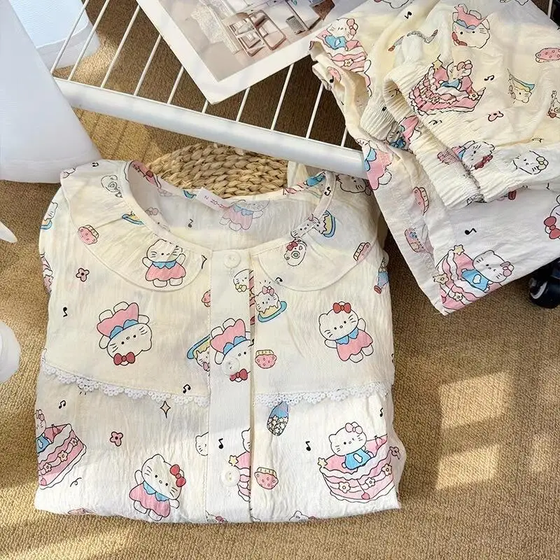 

2Pcs Anime Hello Kitty Women's Pajama Set Cute Cartoon Fashion Pink Striped Short Sleeve Set Pajama Soft Summer New Homewear Set