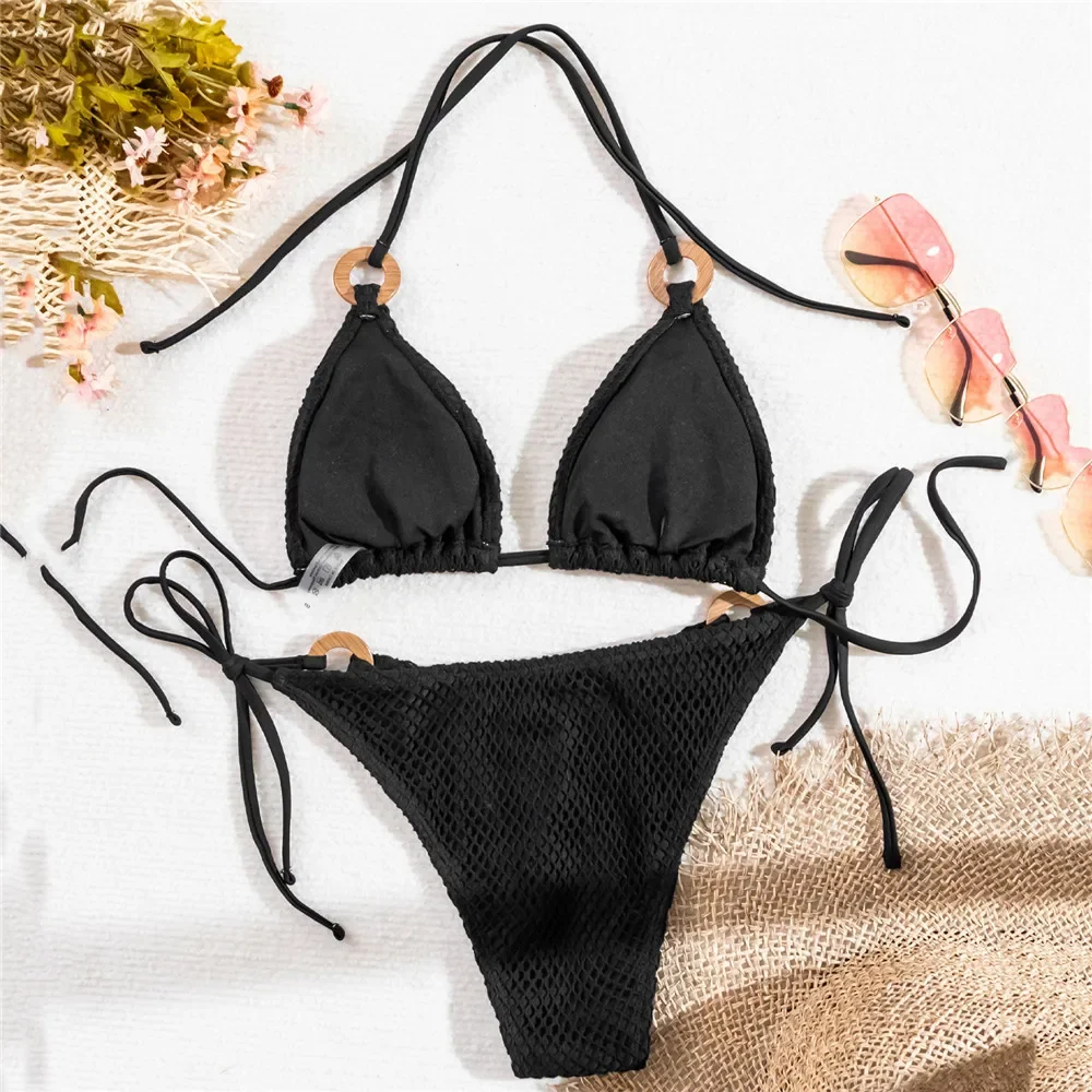 Sexy Crochet Hook Micro Thong Bikini String Halter Swimsuit Women Swimwear Bathing Suit Biquinis Triangle Bikinis Set 2024 Mujer