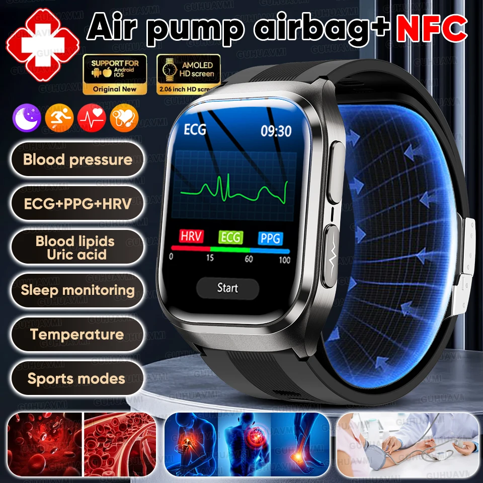 

2026 Newly Upgrade Air Pump Air Bag Precise Blood Pressure Measure SmartWatch Men ECG+PPG Blood oxygen Bluetooth Call Smartwatch