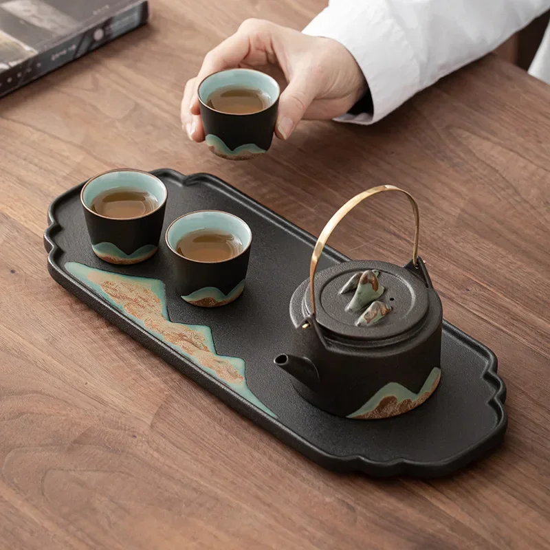 Japanese Hand Painted Mountain Shadow Bamboo Simple Rectangle Ceramic Tea Tray Saucer Small Tea Table Kungfu Tea Tray