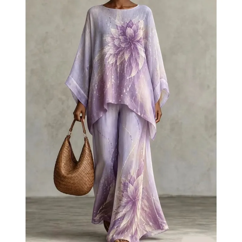 Woman's Spring Autumn Loose Two Piece Set Fashion Long Top With Wide Leg Pants Suit Ladies Elegant Flower Printed O-Neck Outfit