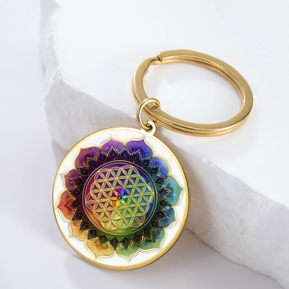

Dawapara Sacred Geometry Flower of Life Keychain Multicolor Mandala Lotus Pendant Keyring Stainless Steel Jewelry