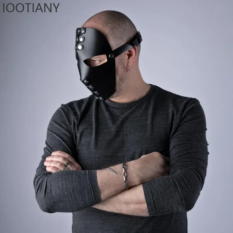 Party Coplay Hood Mask Stage Performance Carnival Halloween Festival Headpiece Black Leather Full Face Red Accessory Prop 2