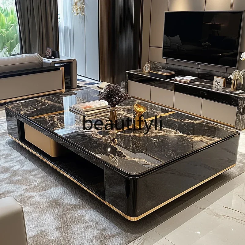 

SS ss7486 Marble coffee table living room home light luxury high-end large apartment tea table new black gold luxury large coffe