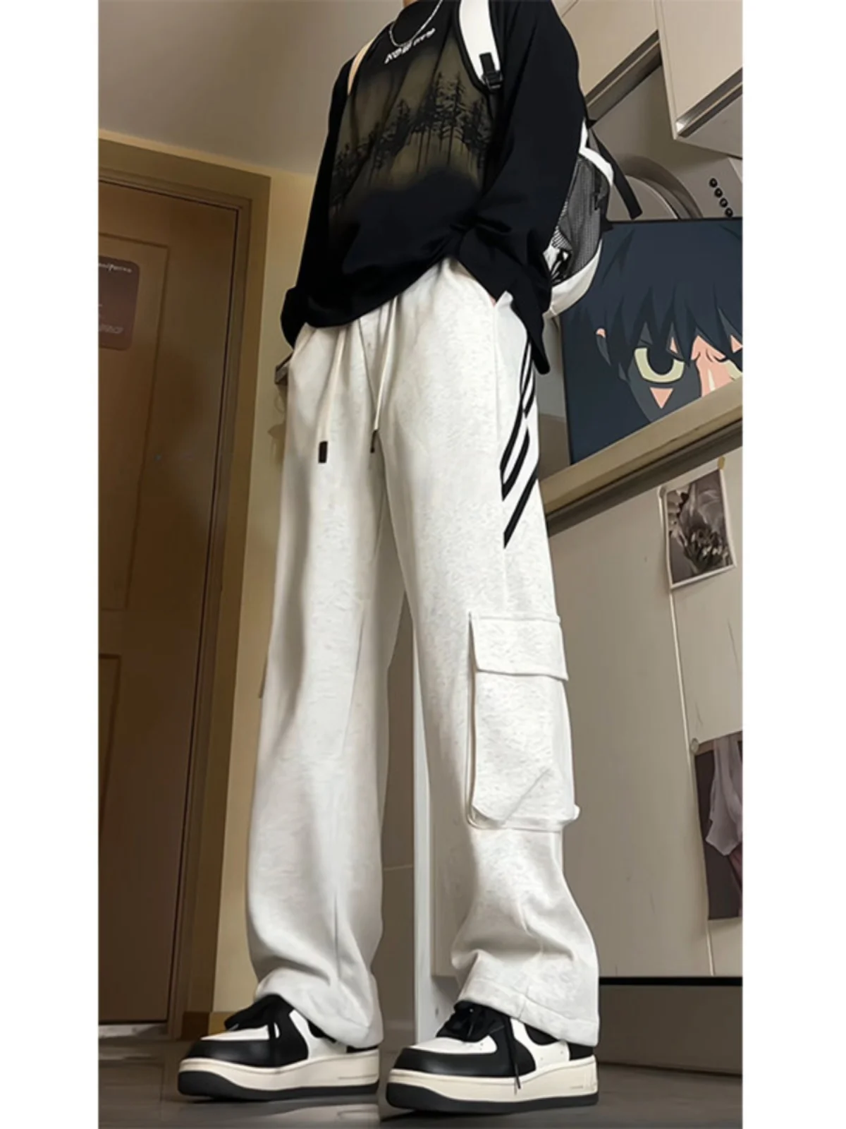 

Cleanfit American Retro Tee Bars Casual Sports Pants Men Loose Straight Leg Trousers Trendy Brand Large ket Leisure Trou...