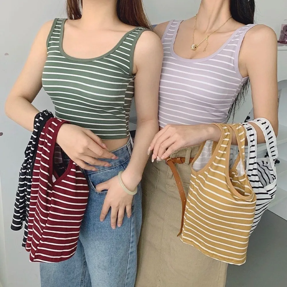 Gifts Color-blocked Summer Striped Tank Top Anti-exposure with Padded Bra Sleeveless Top U-neck Backless Bra with Padded Bra