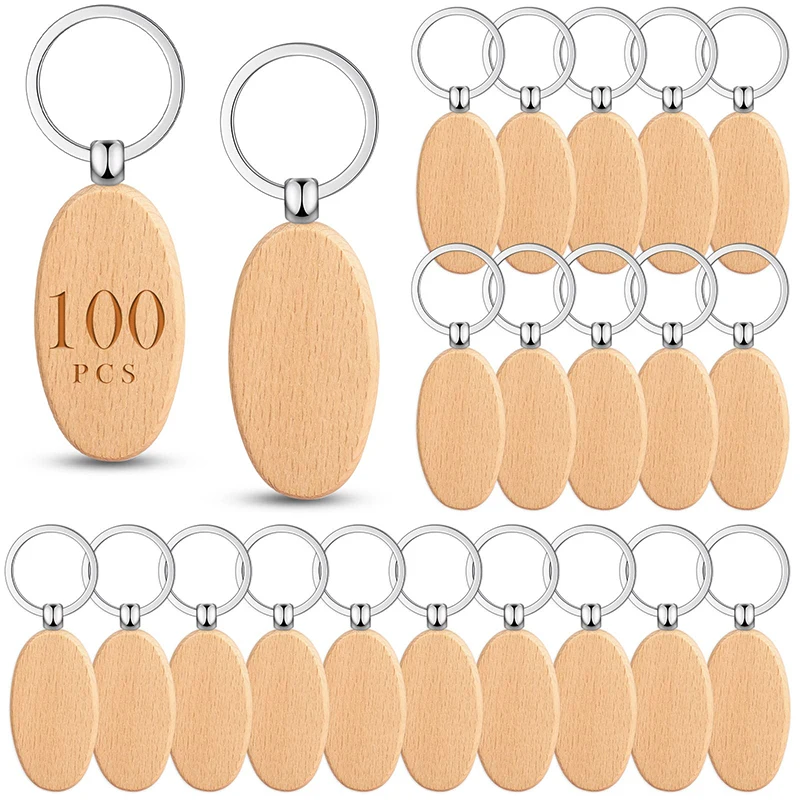 

100Pcs Wood Keychain Blanks Wooden Keychain Beech Wood Blank Unfinished Wood Keychains Craft DIY Gift Crafts Tags