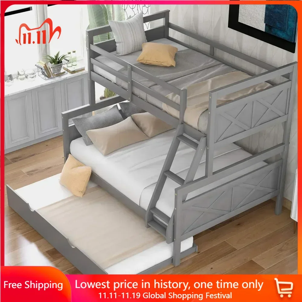 

Bunk Bed, Twin Over Full Wood Bunks Beds with Twin Size Trundle, with Guardrail and Ladder, Solid Wood Bunk Bed Frame