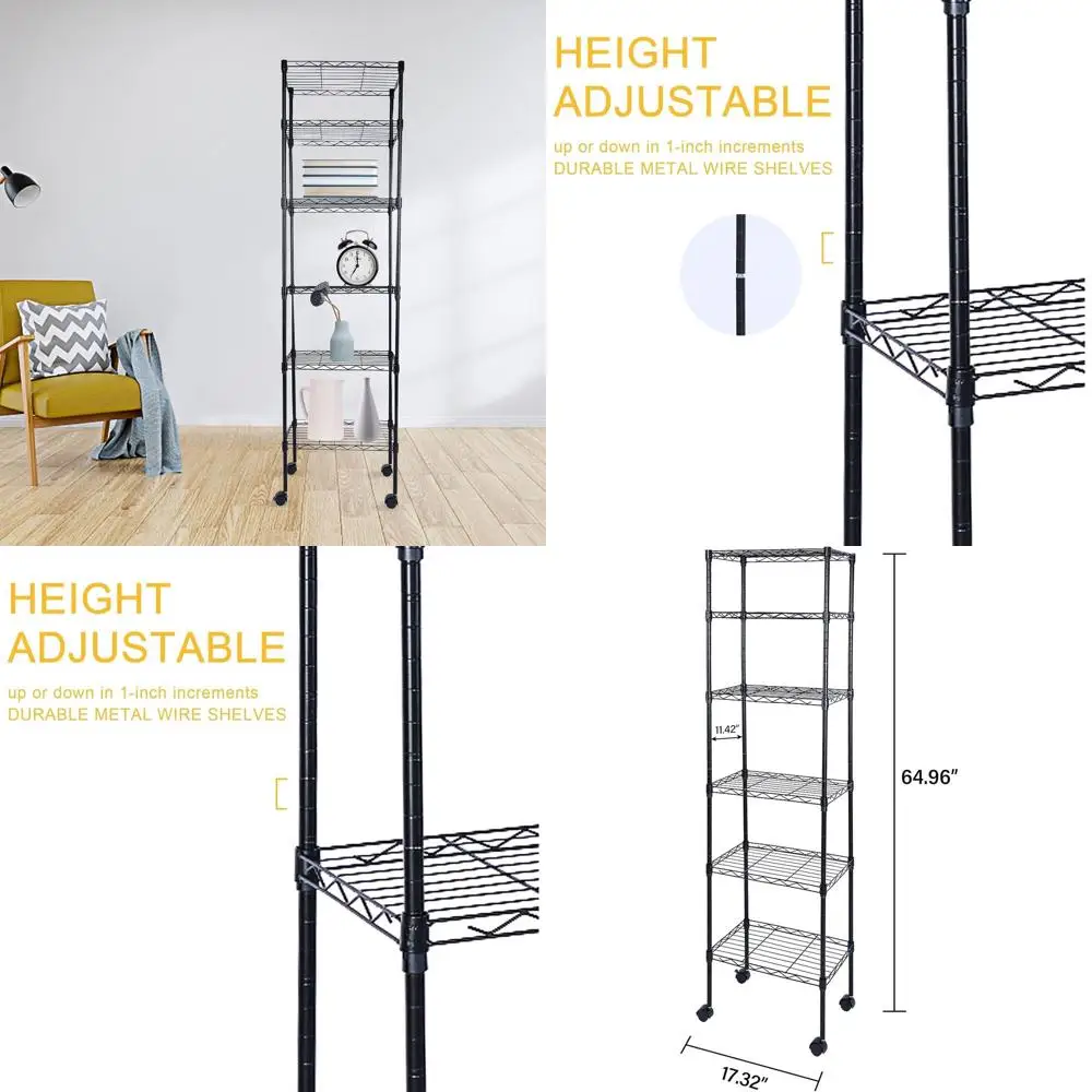 

Черная 6-ярусная передвижная стеллажная система с регулируемыми полками и крючками, 17.32x11.42x64.96