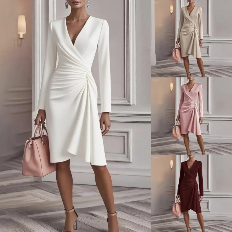 

Autumn New Fashion V Neck Folds Solid Long Sleeve Dress Women's Office Commuter A-line Midi Party Dresses Female Clothing