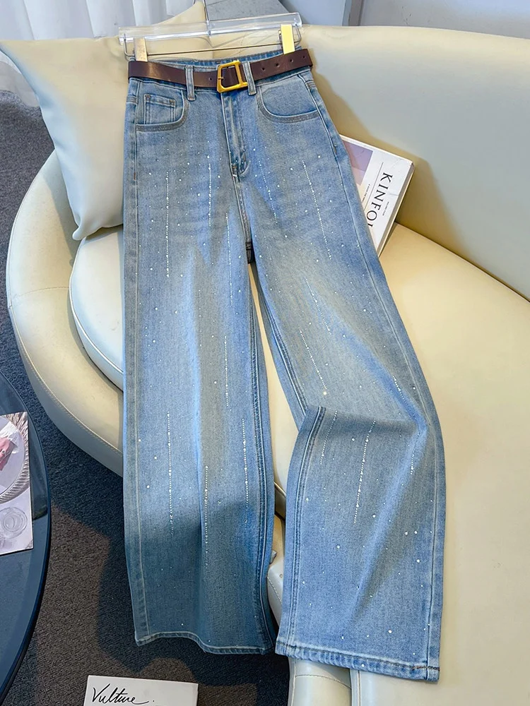 

High Waist Flared Denim Jeans Women's Spring 2026 New Style Light Color Loose Slim Straight Diamond Flashing Wide Leg Pants