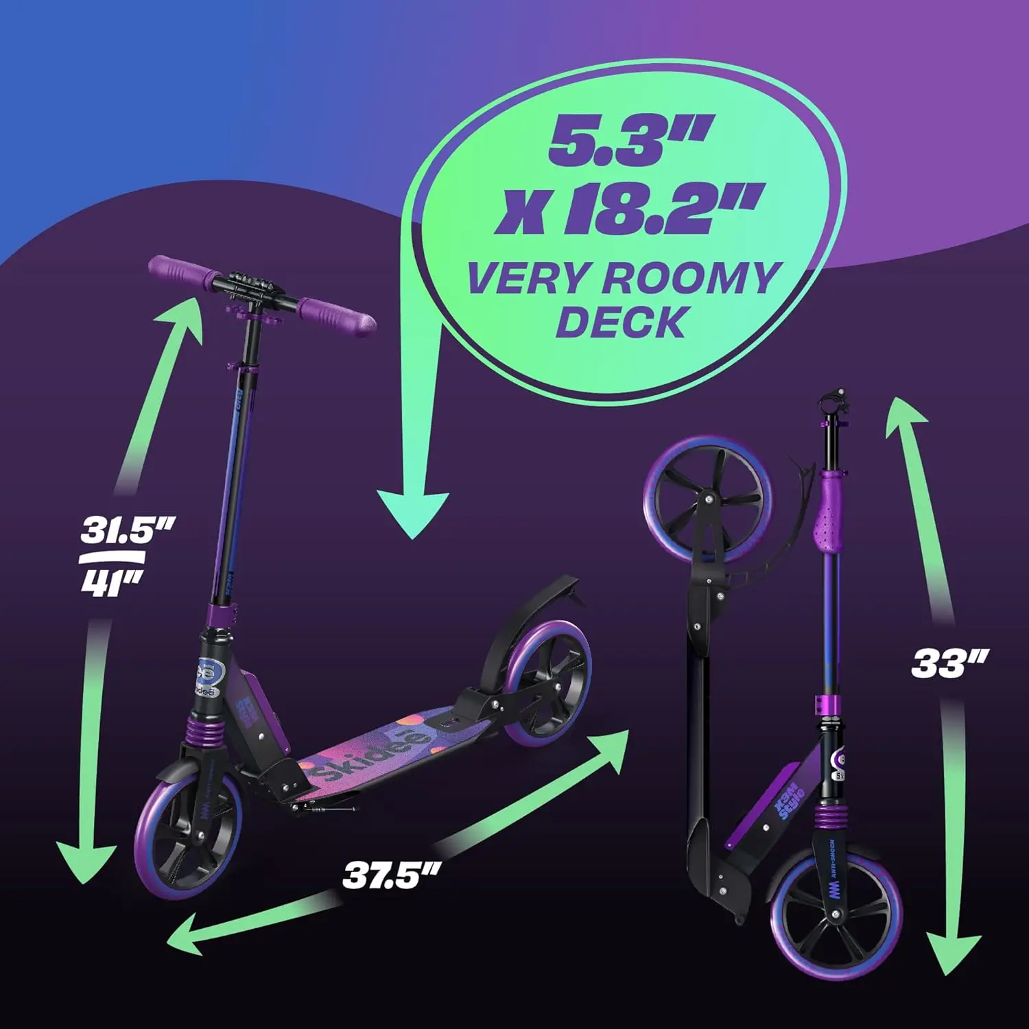 Scooter for Adults and Teens - Adjustable Height, Kids Scooter, Folding Scooter, Large Sturdy Wheels for Smooth Ride, Lightw