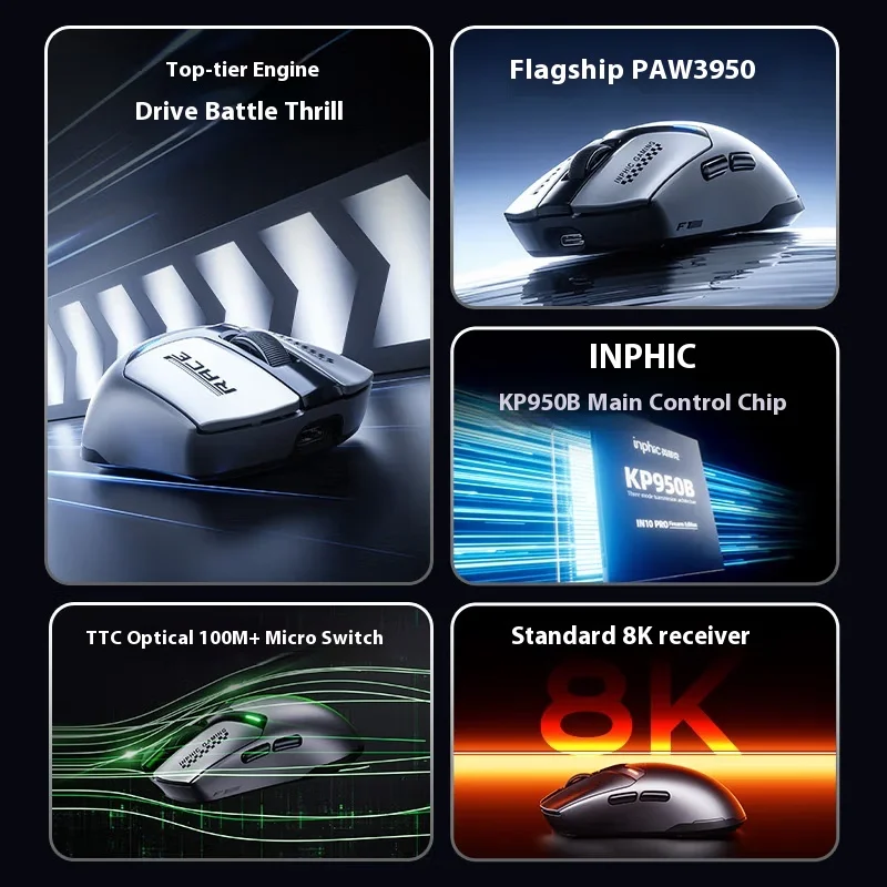 

INPHIC IN10 PRO Three Mode Wireless Gaming Mouse Customized Right hand Ergonomic Mouse KP950B 8K Lightweight PAW3950 Gift PC