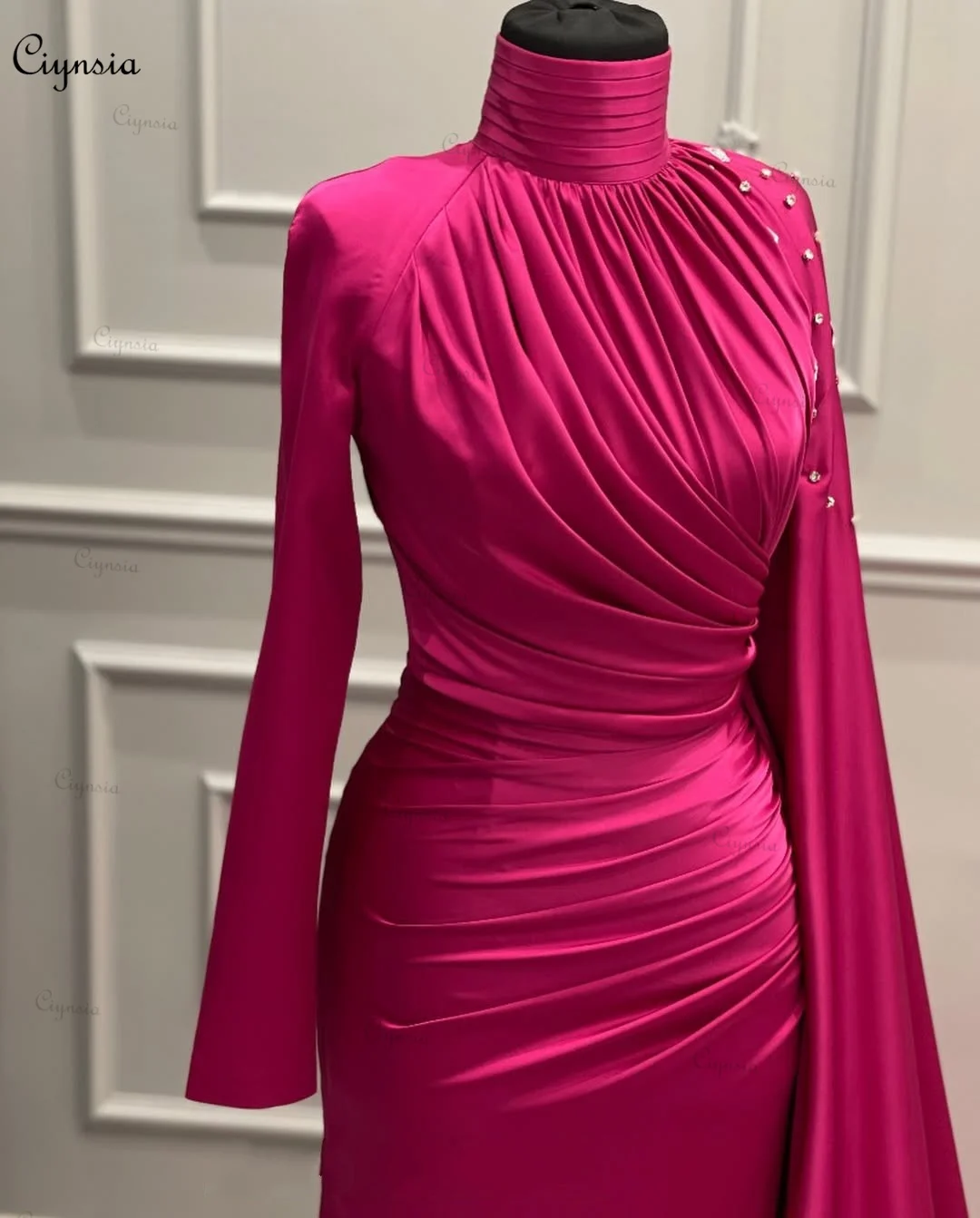 Customized Abendkleider Muslim Formal Dress 2025 Mermaid Full Sleeves Evening Gowns for Women Crystal Silk Satin Robes De Soirée