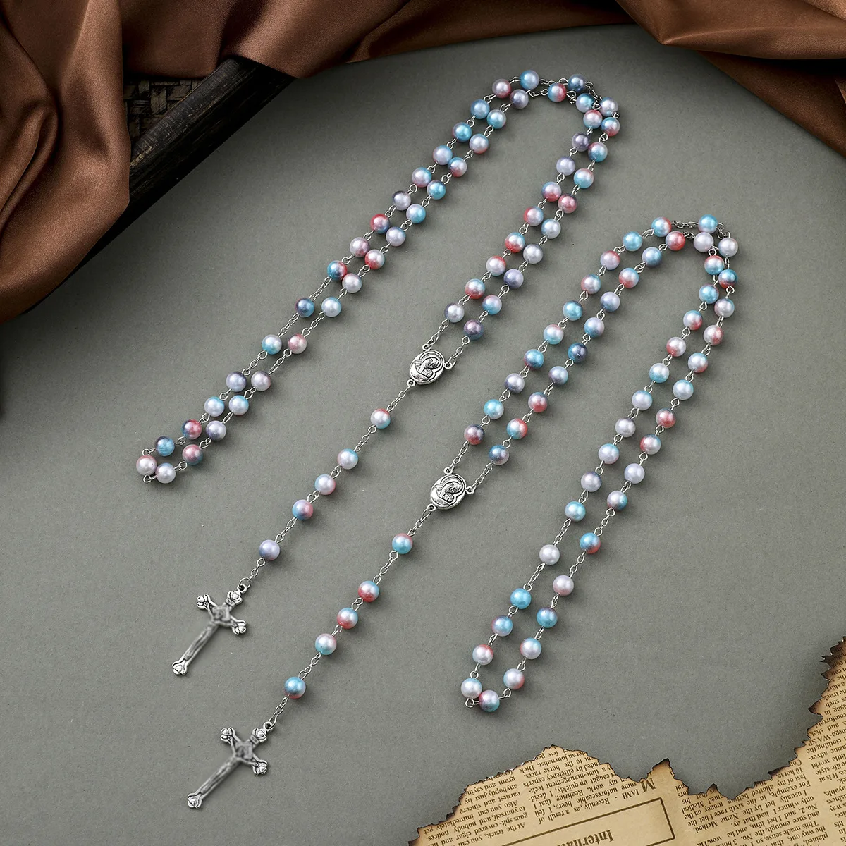Hot-selling 8MM Imitation Pearl Cross Baptism Women Necklace Religion Communion Prayer Colorful Long Necklace Gift Dropshipping