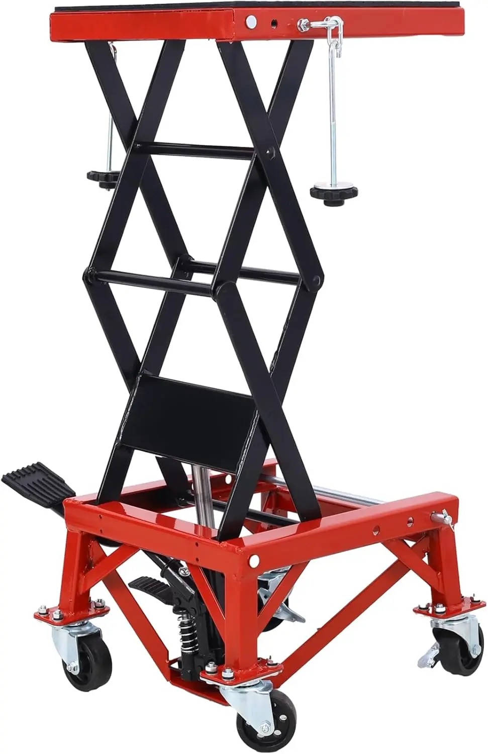 

300 lbs Hydraulic Motorcycle Scissor Jack Lift, Small Dirt Bikes ATV Lift Hoist Hydraulic Foot-Operated Stand Lift, 4 Wheels, Re