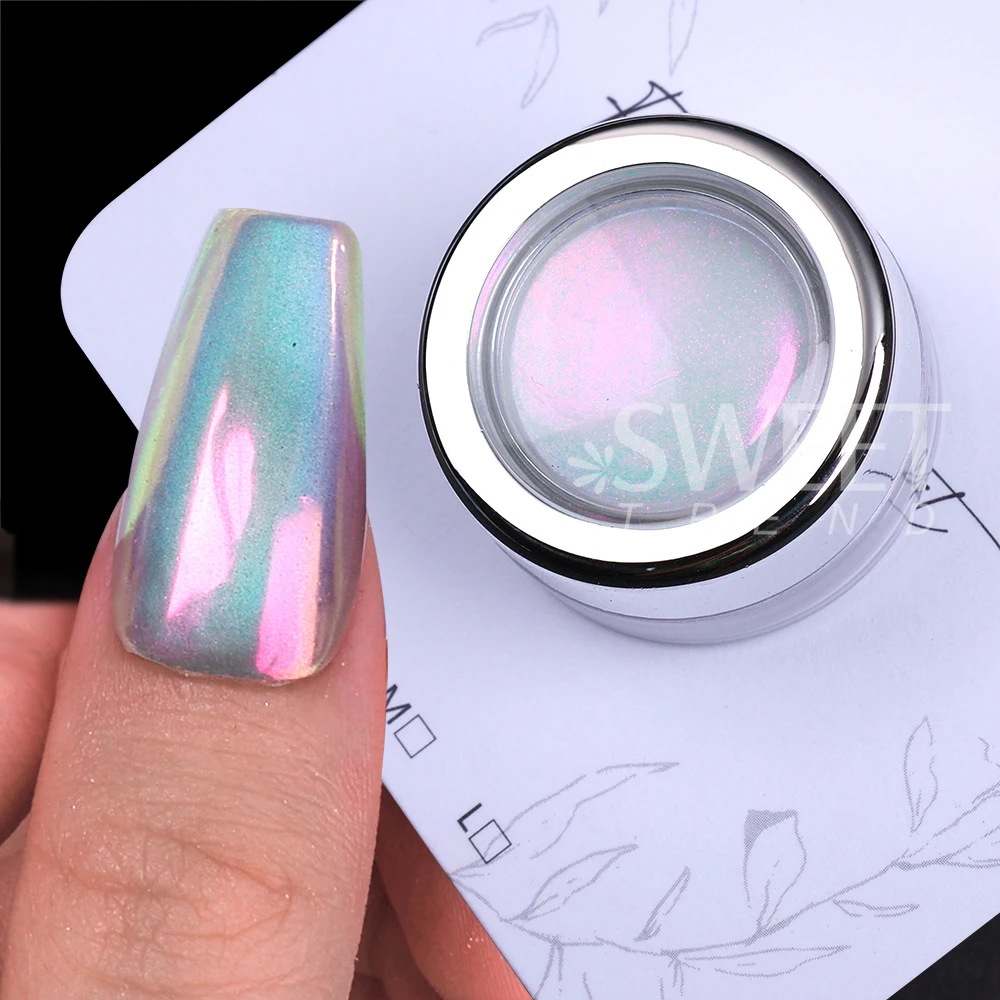 2 ألوان أورورا ضوء القمر مسمار بريق مسحوق قوس قزح مرآة الكروم قزحي الألوان الصباغ الغبار فرك على مسحوق مانيكير الديكور #2