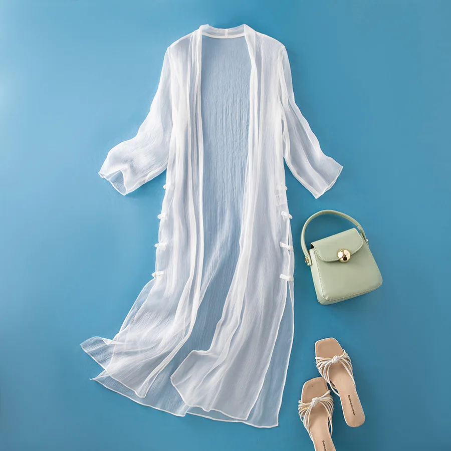 Winsleter-100% Silk Elegant Sunscreen Tops, Women Half Sleeve Solid,  Simplicity Thin Loose Long Cardigan, 2025 Summer T53964CC