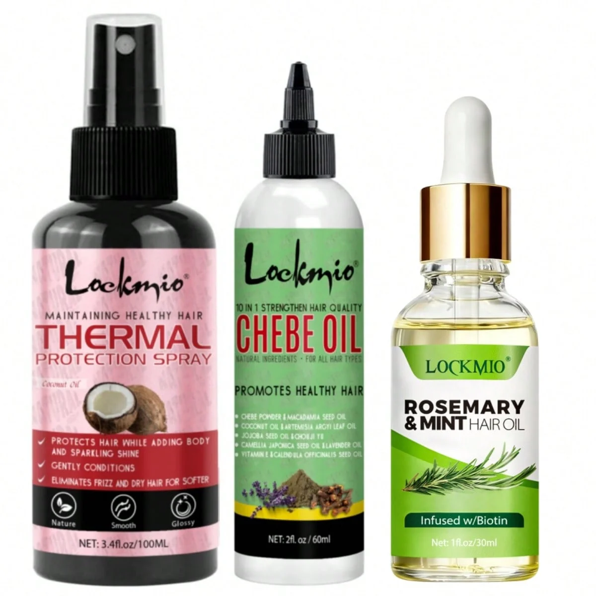 Thermal Protection Spray，Chebe Oil，Rosemary Mint Hair Oil Anti‑Frizz Nourish Repair Strengthen Hair Growth Kit For All Hairtypes