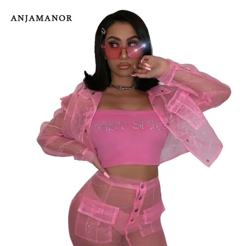 ANJAMANOR-Conjunto Sexy de dos piezas de malla de Organza rosa, chaqueta y falda, moda 2020, trajes de Club, conjuntos bonitos de 2 uds a juego, D58-DD15