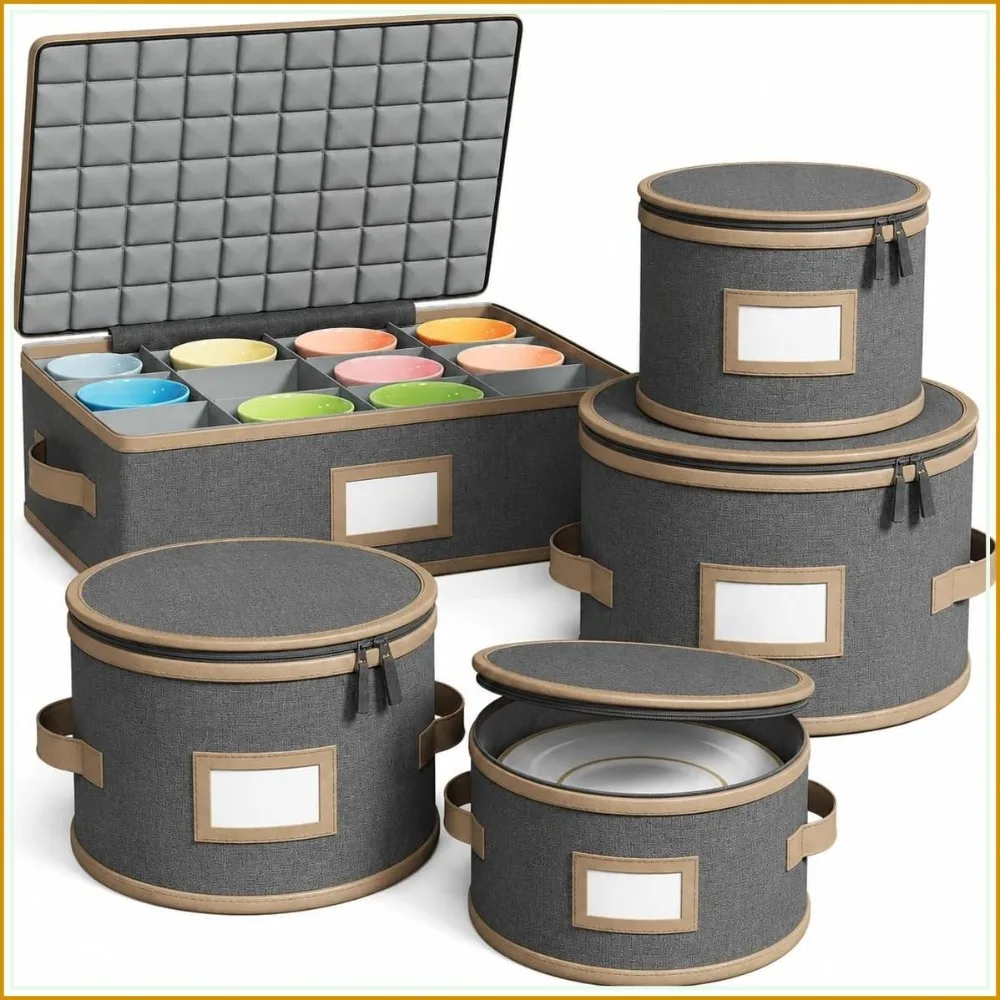 5-Piece Hard Shell China Storage Set for Plates & Mugs, Gray with Brown Edging