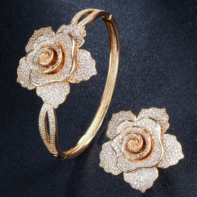 ThreeGrace Luxurious Cubic Zirconia Gold Color Large Flower Ring and Bangle Set for Women Trendy Banquet Dinner Jewelry JS540