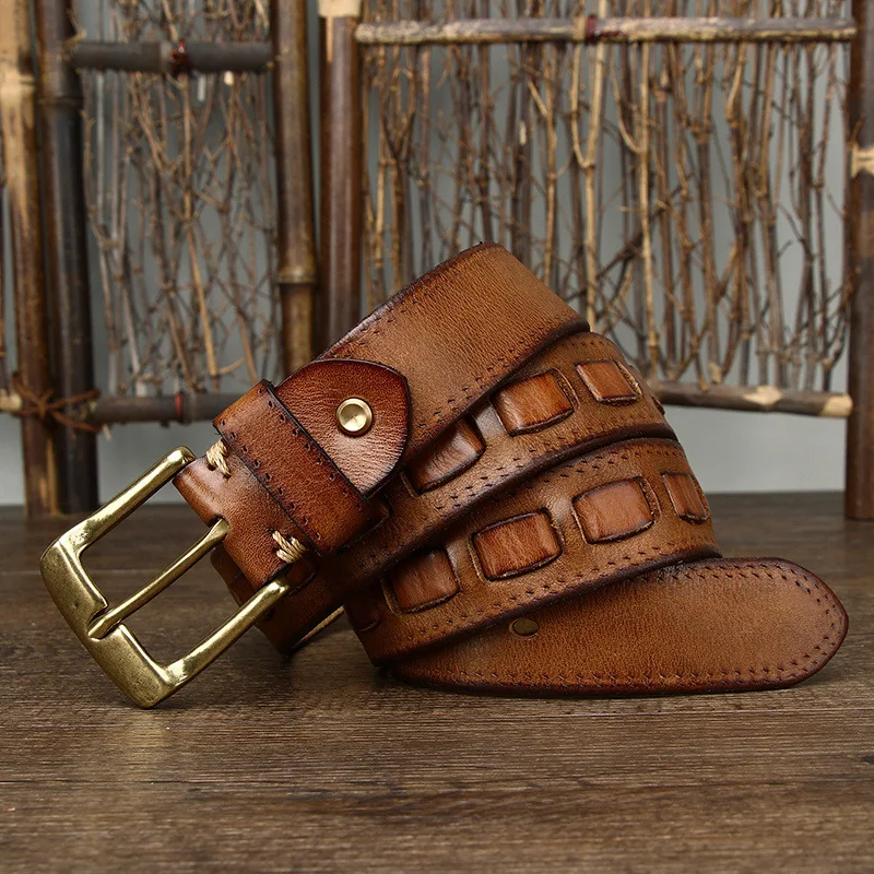 38-センチメートル男性高品質本革ベルト高級真鍮ピンバックル編組ベルト純粋な牛革ヴィンテージストラップ男性ジーンズ男性のための