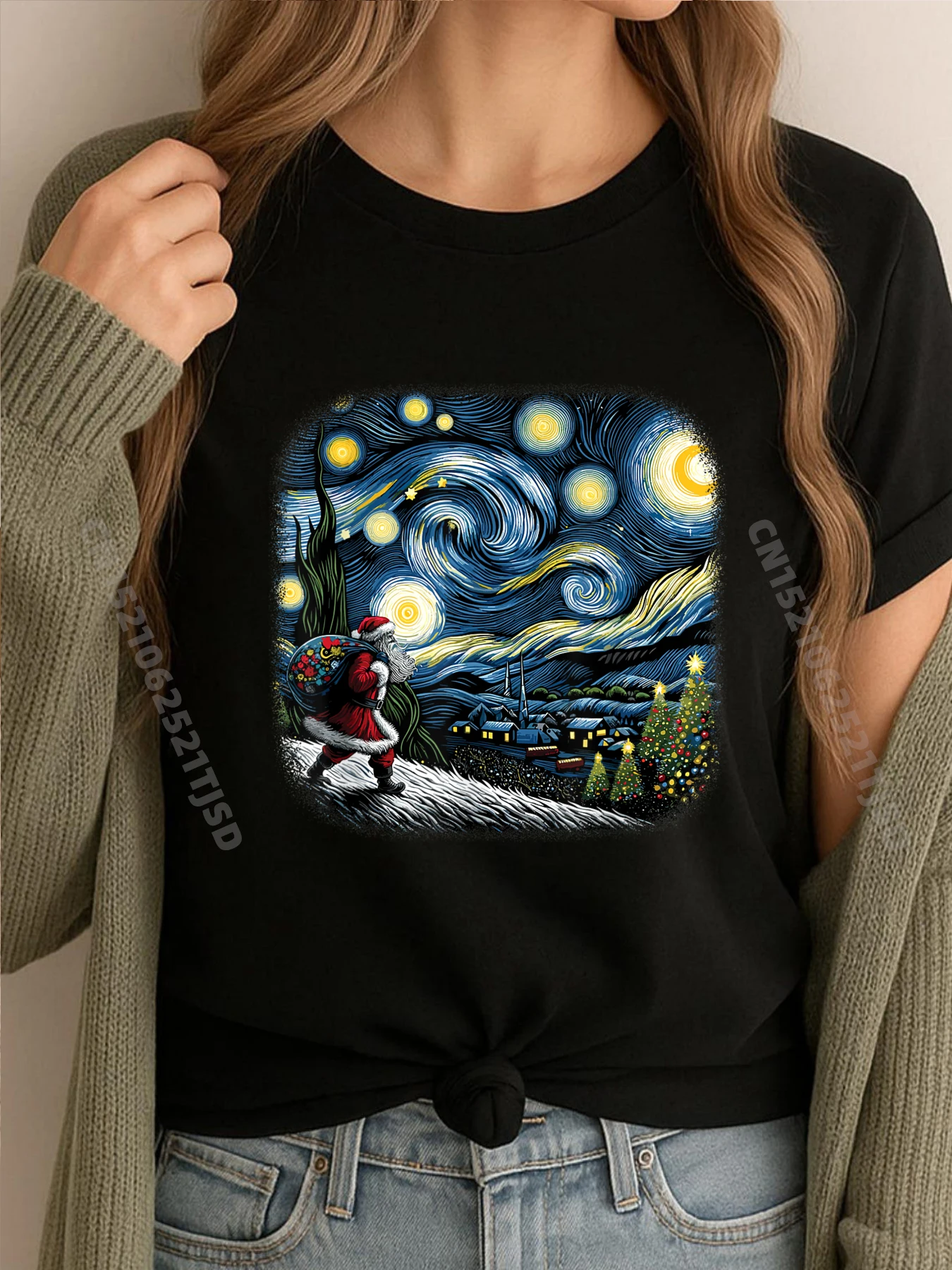 

Ван Гог Звездная ночь Санта Рождество Зима Снежная ночь Графические рубашки Женские футболки Женские Harajuku